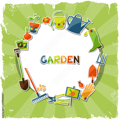 Background with garden sticker design elements and icons