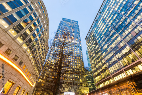 Modern skyscrapers in London at sunset  bottom view.