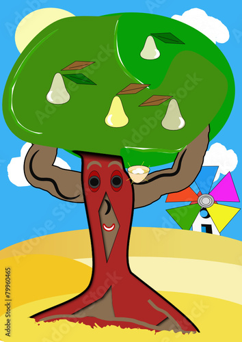 Campo con peral y molino al fondo