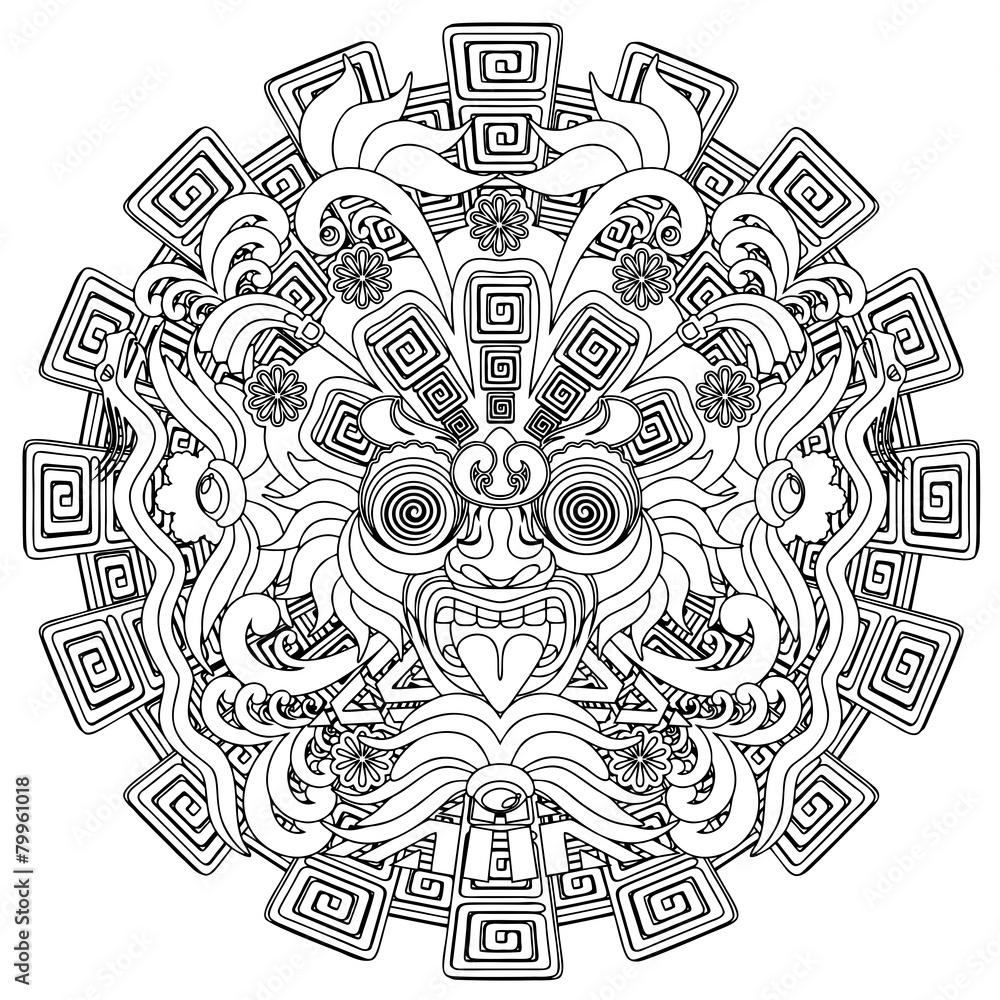 Aztec Warrior Mask Black Stroke Doodle