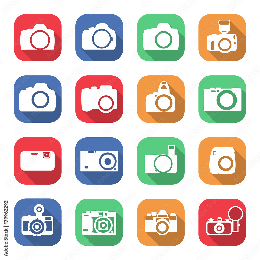 Flat icon camera set with shadows