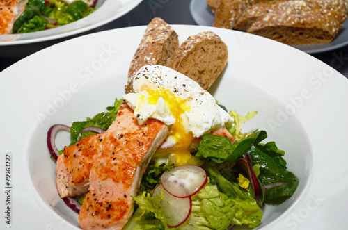 Salmon Salad with Egg Benedict, served with baguette