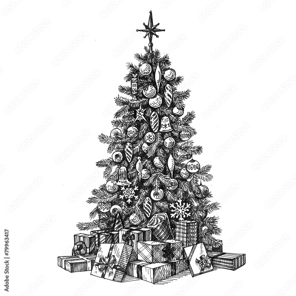 Fototapeta premium Christmas tree on a white background. sketch