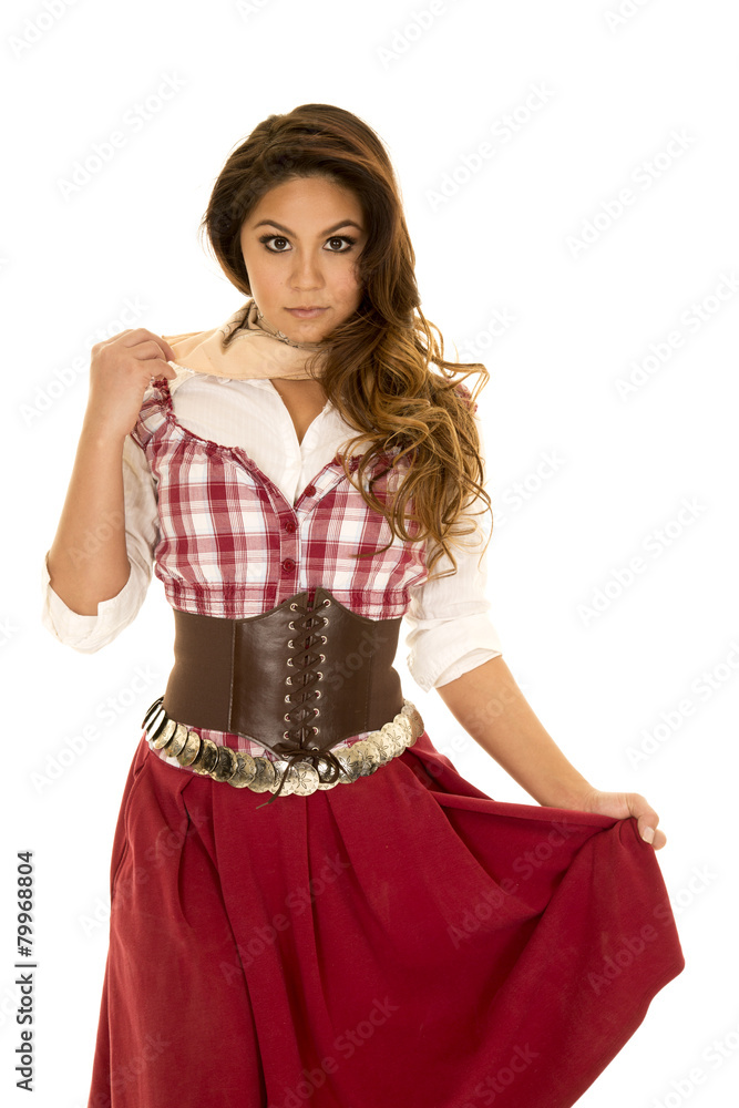 woman red plaid dress holding skirt looking woman red plaid dress holding skirt looking