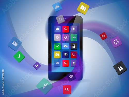 Smart phone with abstract waves and cloud of apps.