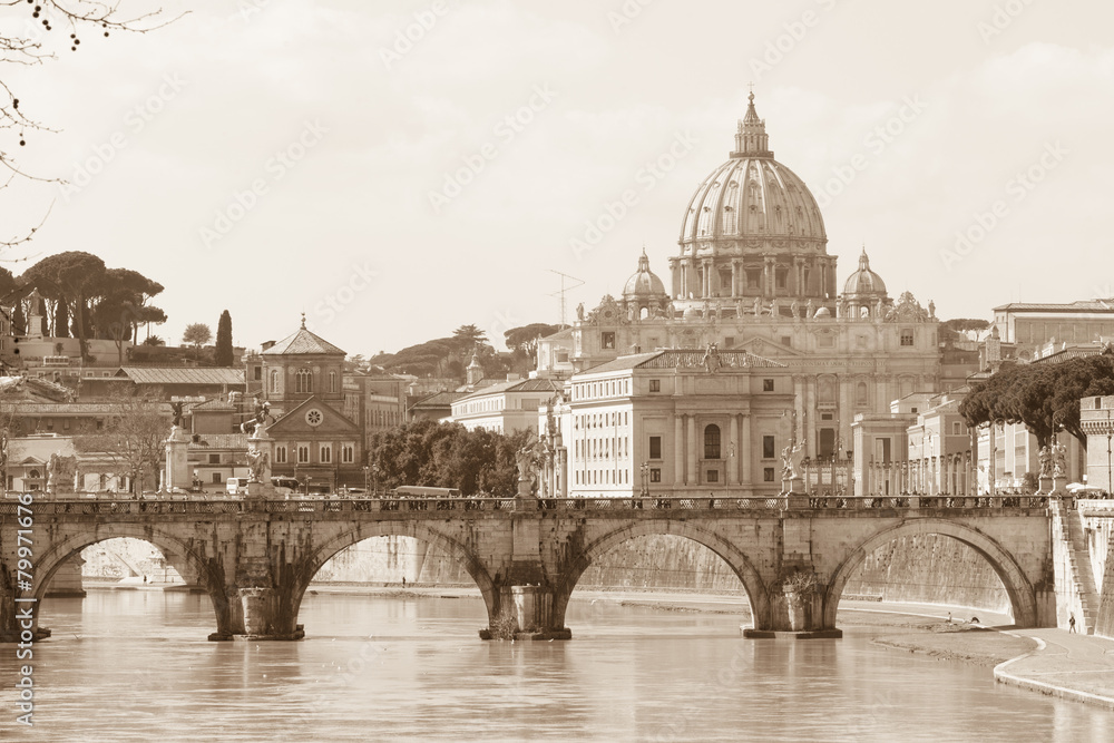 Vatican view and Ponte Sant'Angelo across Tiber in Rome