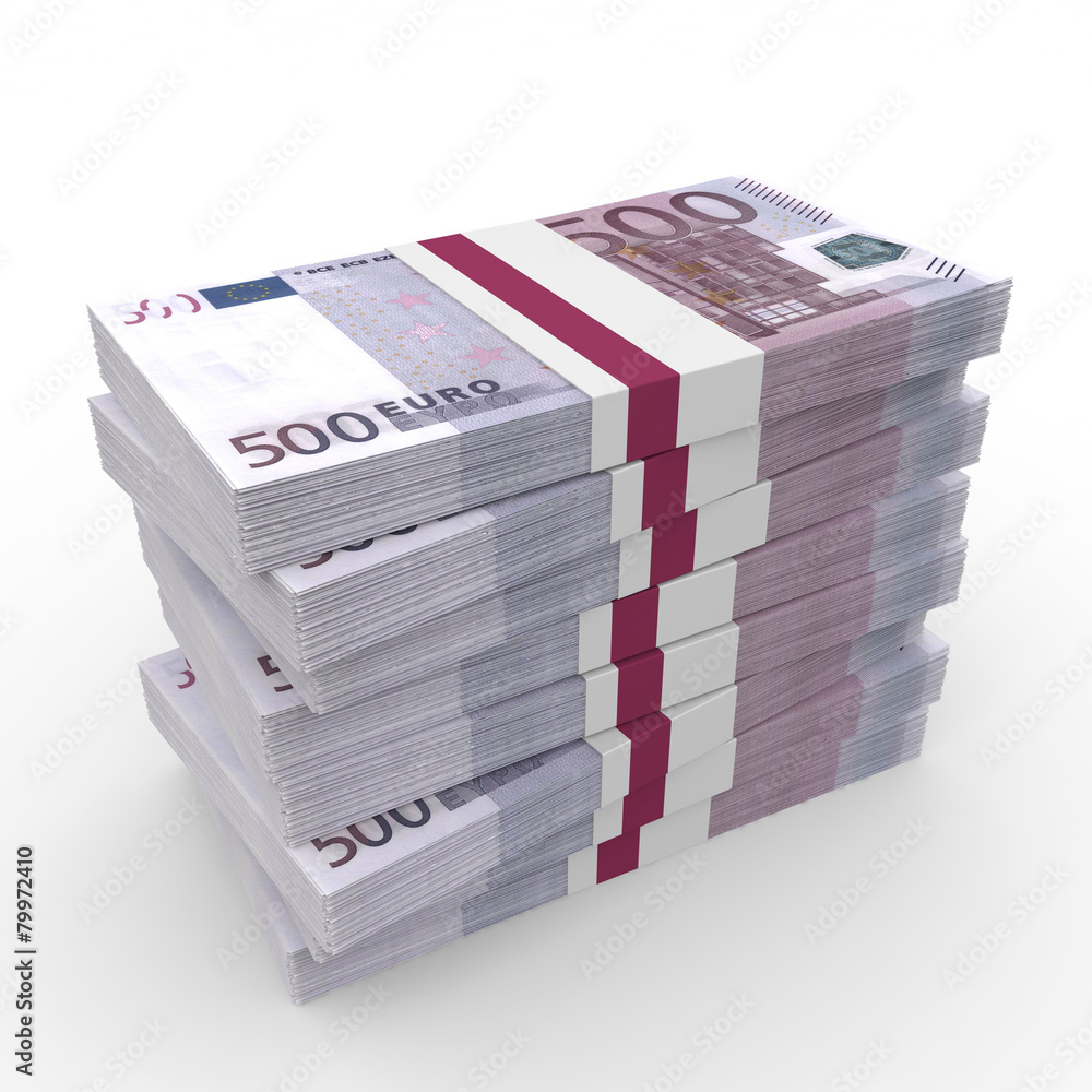 Stacks of money. Five hundred euros. Stacks of money. Five hundred euros.