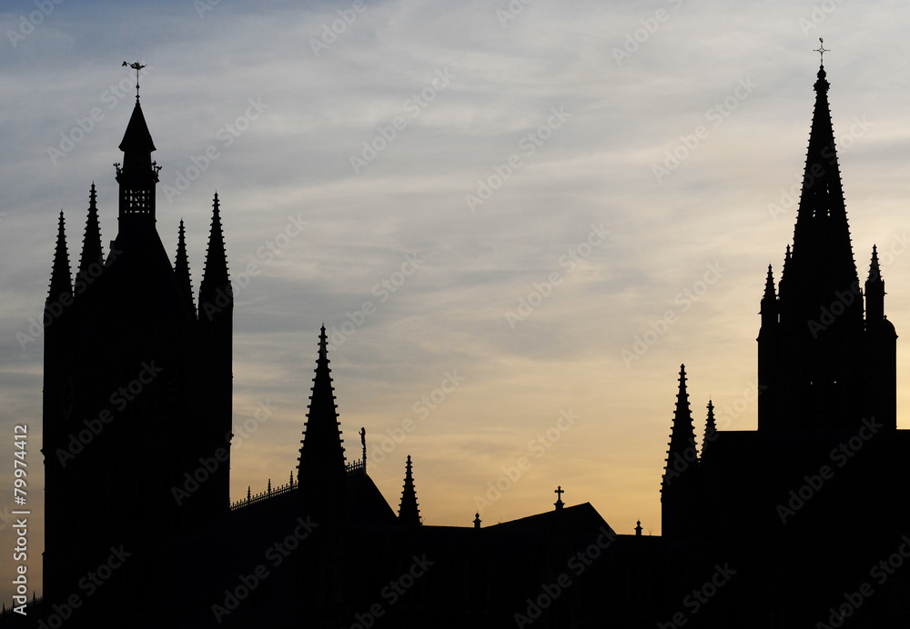 Ypres, Belgium, towers on market place at dusk