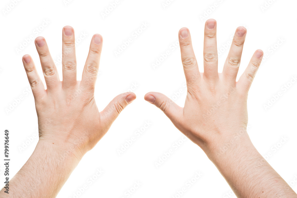 male hands, palms down, isolated on white background male hands, palms down, isolated on white background