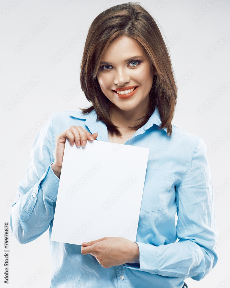 Business woman hold white banner. Business woman hold white banner.