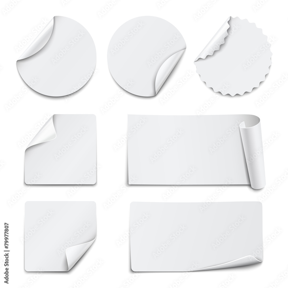 Set of white paper stickers on white background - obrazy, fototapety, plakaty 