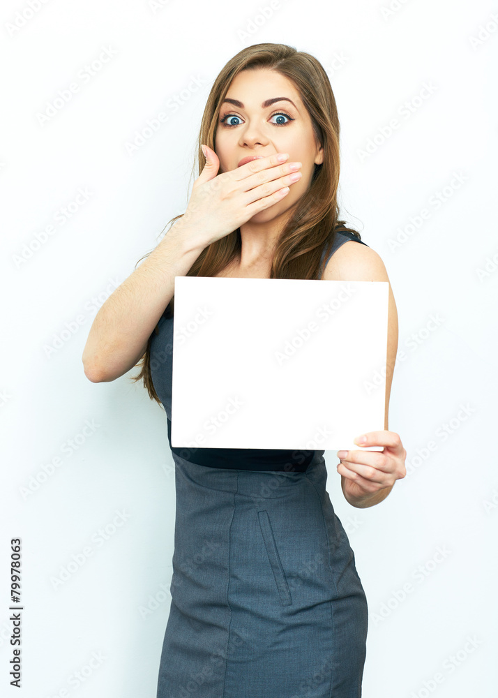 Emotional business woman hold white card. Isolated portrait. Emotional business woman hold white card. Isolated portrait.