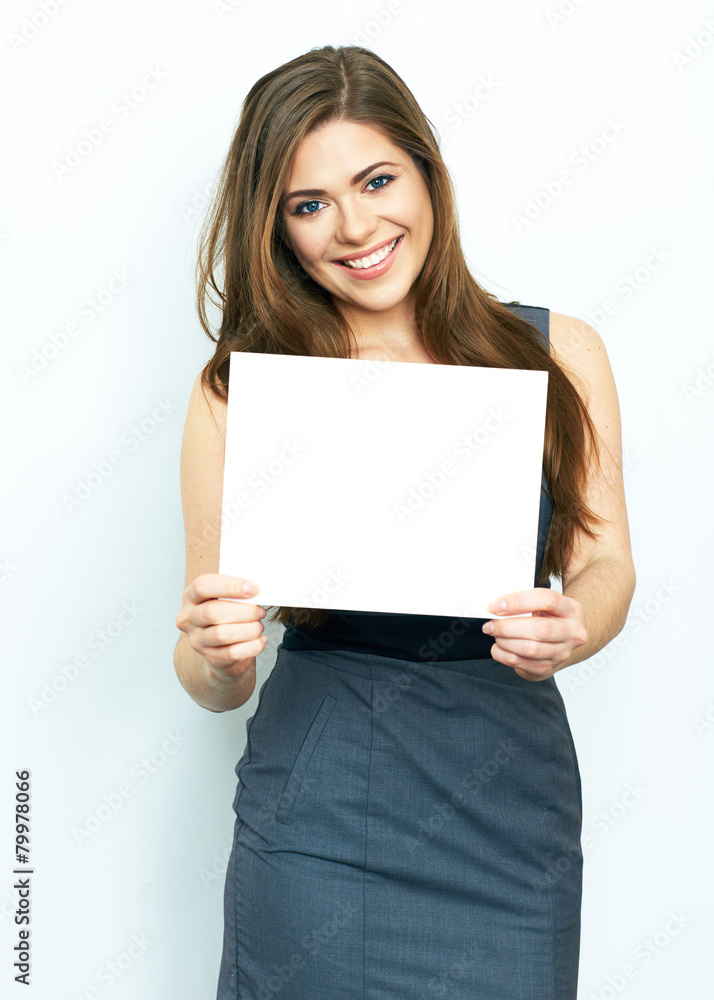 Smiling business woman hold white advertising board. Smiling business woman hold white advertising board.