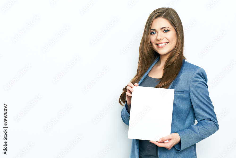business woman isolated portrait with white blank card. business woman isolated portrait with white blank card.