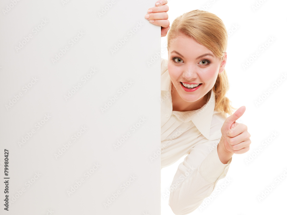 Businesswoman hiding behind blank copy space banner Businesswoman hiding behind blank copy space banner