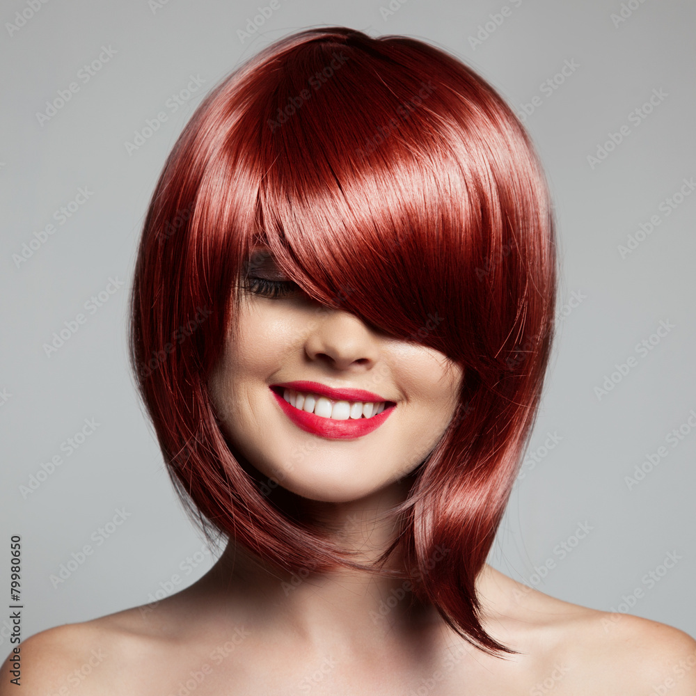 Naklejka premium Smiling Beautiful Woman With Red Short Hair. Haircut. Hairstyle.