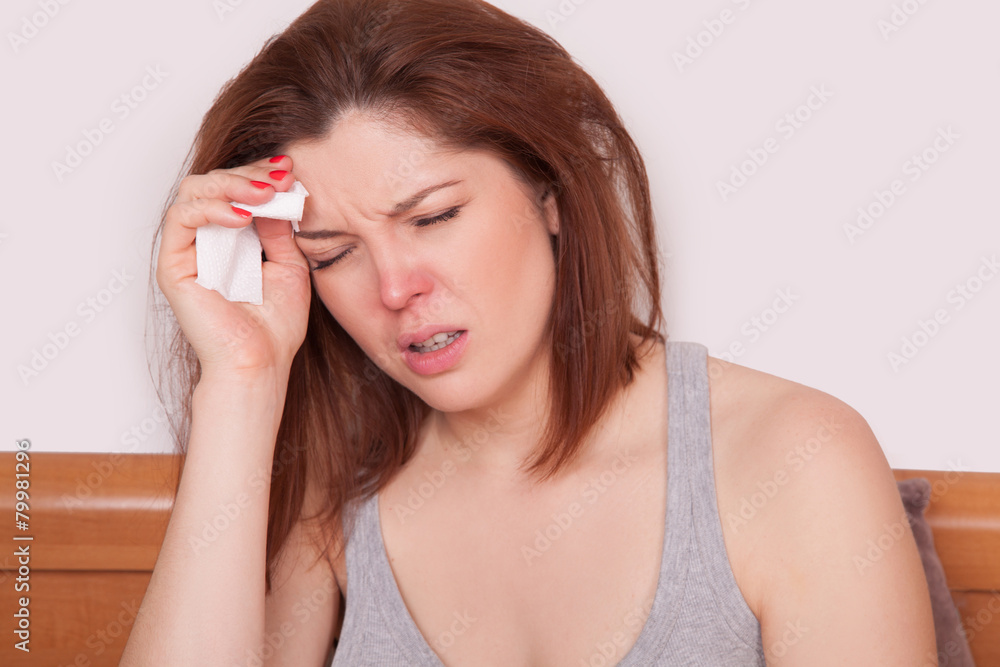 Sick Woman Caught Cold. Sneezing into Tissue. Headache Sick Woman Caught Cold. Sneezing into Tissue. Headache