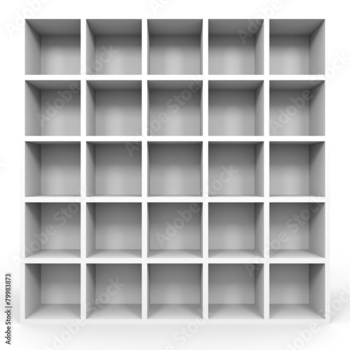 Empty bookshelf on white.