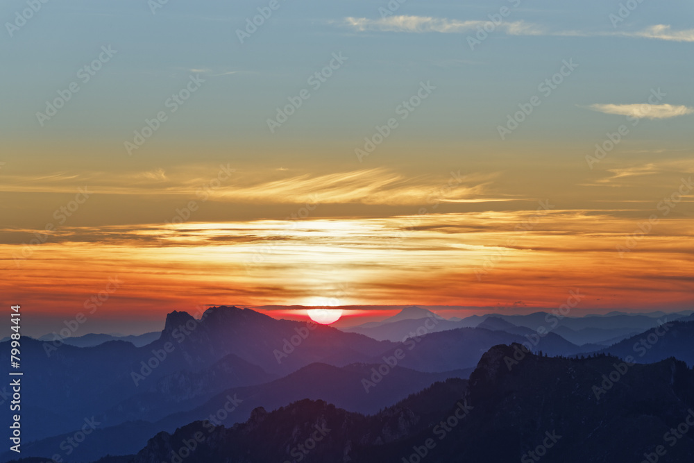 Austria, Upper Austria, Salzkammergut, view from Alberfeldkogel in Hoellen Mountains at sunset Austria, Upper Austria, Salzkammergut, view from Alberfeldkogel in Hoellen Mountains at sunset