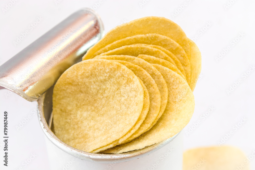 Potato chips in Box on White Background, Potato chips in Box on White Background,