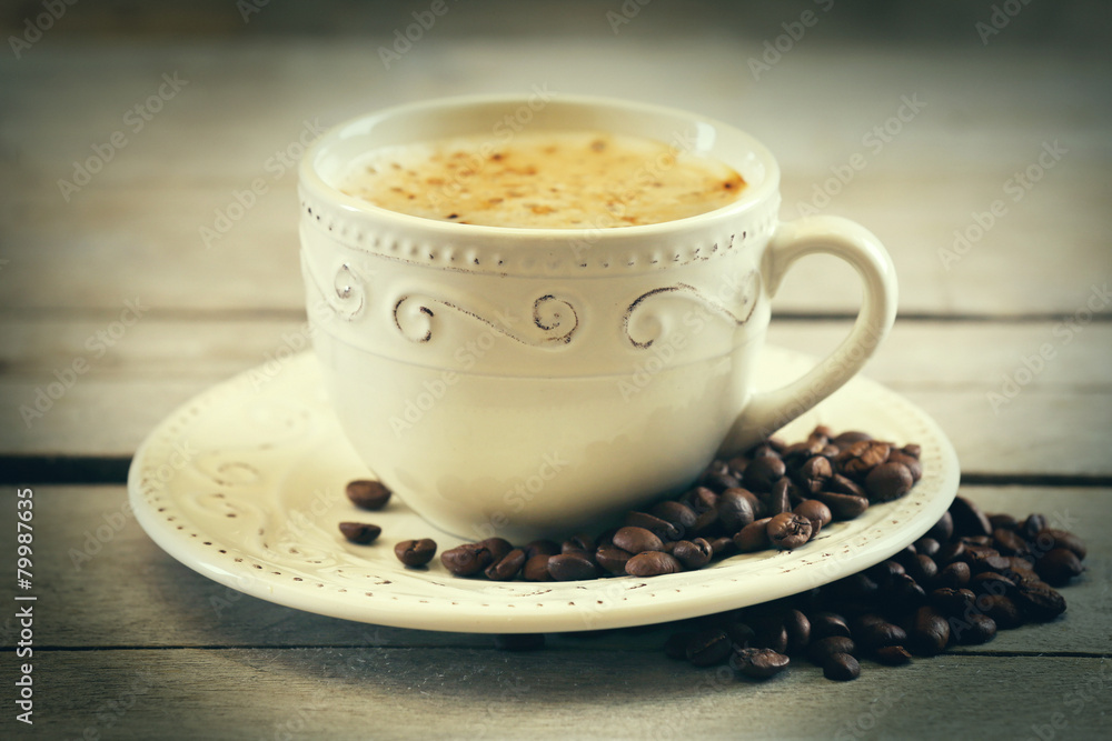 Cup of coffee on wooden table, close up Cup of coffee on wooden table, close up