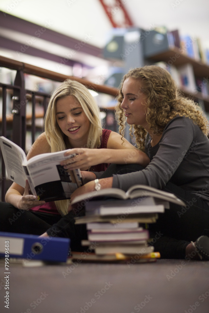 Two female students learning in a library Two female students learning in a library