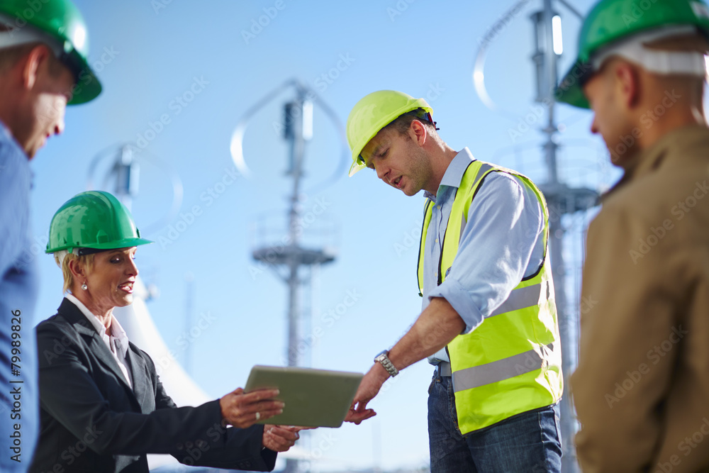 Business partners having a meeting with wind turbine engineer Business partners having a meeting with wind turbine engineer