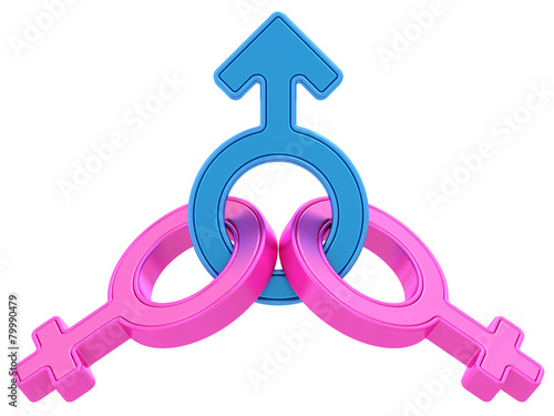 Male and two female gender symbols chained together on white