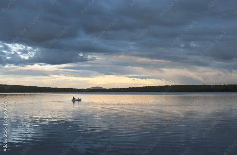 Sweden, Lapland, Norrbotten County, Kiruna, canoeing father and son Sweden, Lapland, Norrbotten County, Kiruna, canoeing father and son