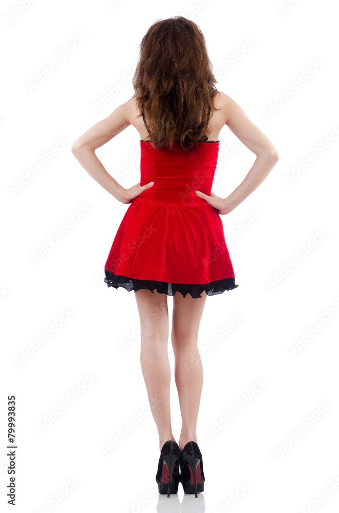 Young female model posing in red mini dress Young female model posing in red mini dress
