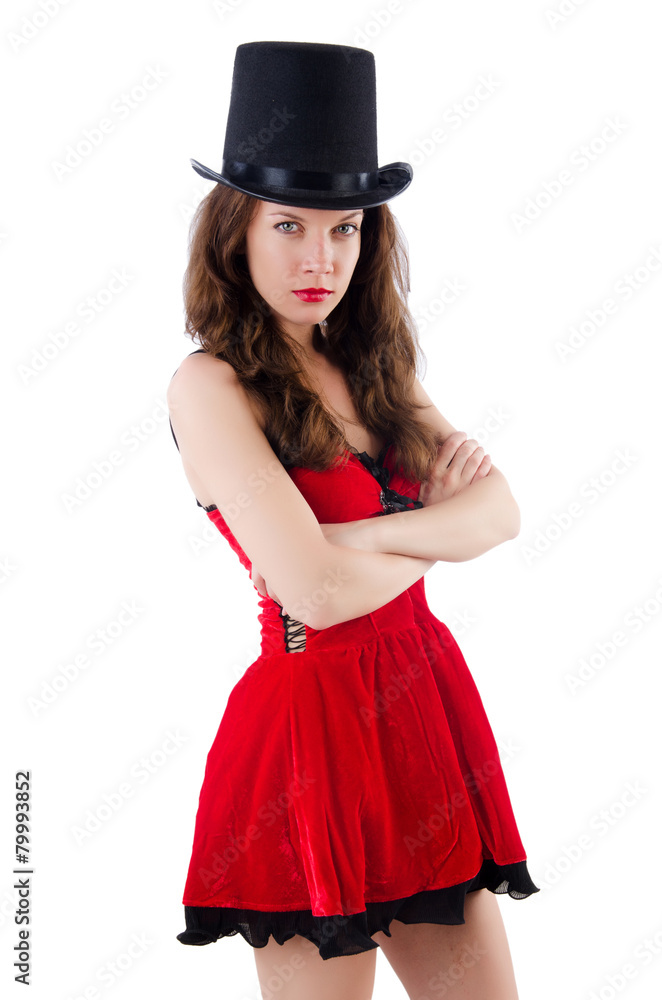 Female model posing in red mini dress isolated on white Female model posing in red mini dress isolated on white