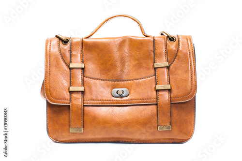 brown female leather bag isolated on white background.