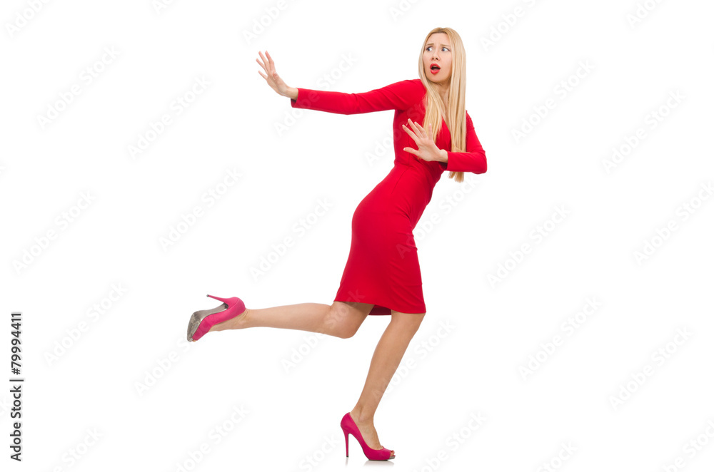 Woman in elegenat long red dress isolated on white Woman in elegenat long red dress isolated on white