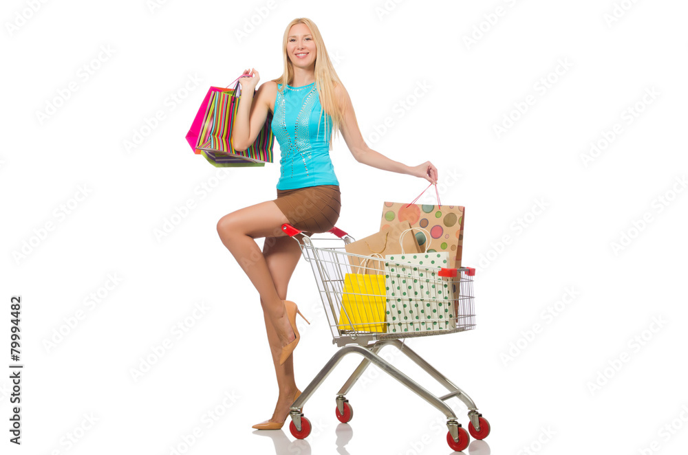 Woman in shopping concept isolated on white Woman in shopping concept isolated on white