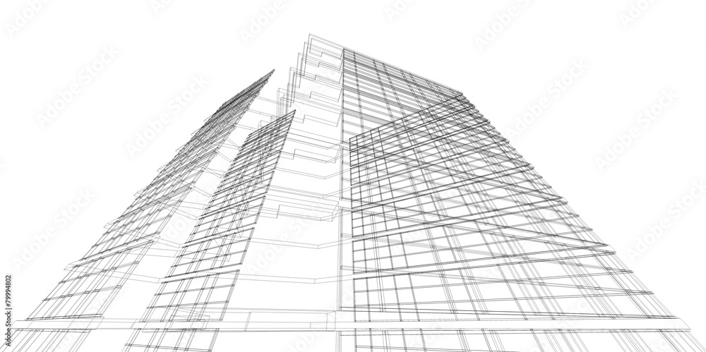 Perspective 3D render of building wireframe.