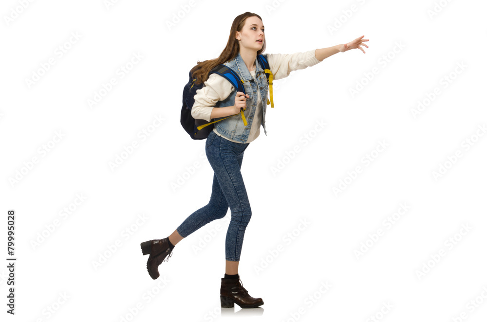 Pretty girl with rucksack isolated on white Pretty girl with rucksack isolated on white