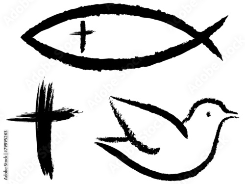 Vektor-Set: 3 christliche Symbole: Kruzifix, Fisch, Taube