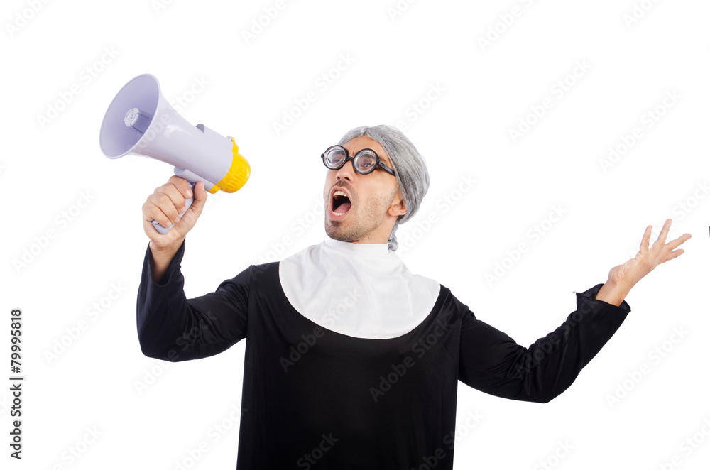 Young man wearing as nun isolated on white Young man wearing as nun isolated on white