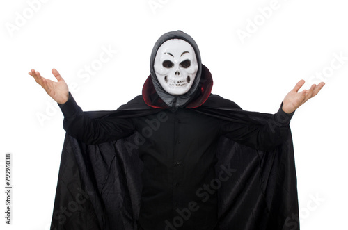 Man in horror costume with mask isolated on white photo