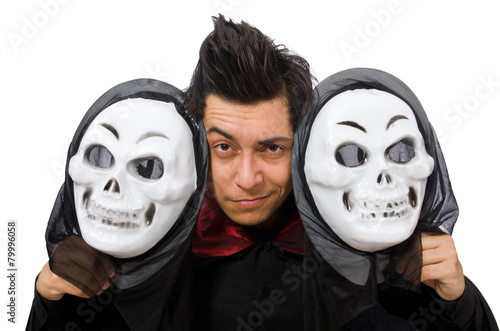 Man in horror costume with mask isolated on white photo