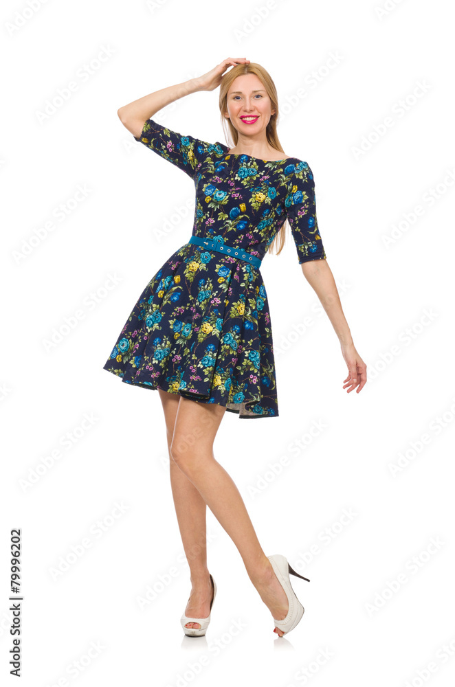 Woman in dark blue floral dress isolated on white Woman in dark blue floral dress isolated on white