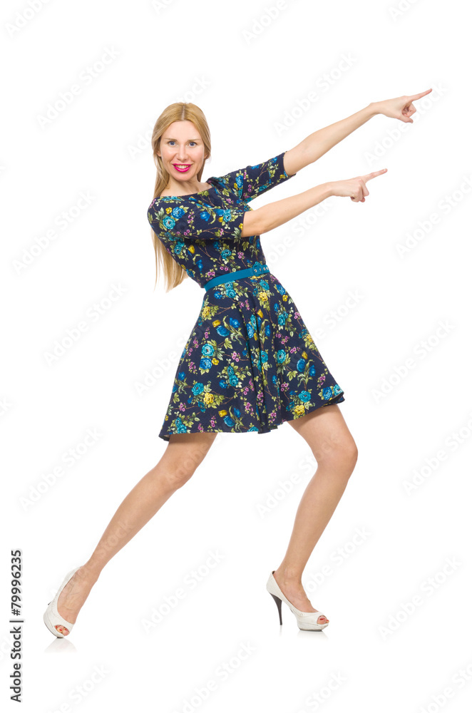 Woman in dark blue floral dress isolated on white