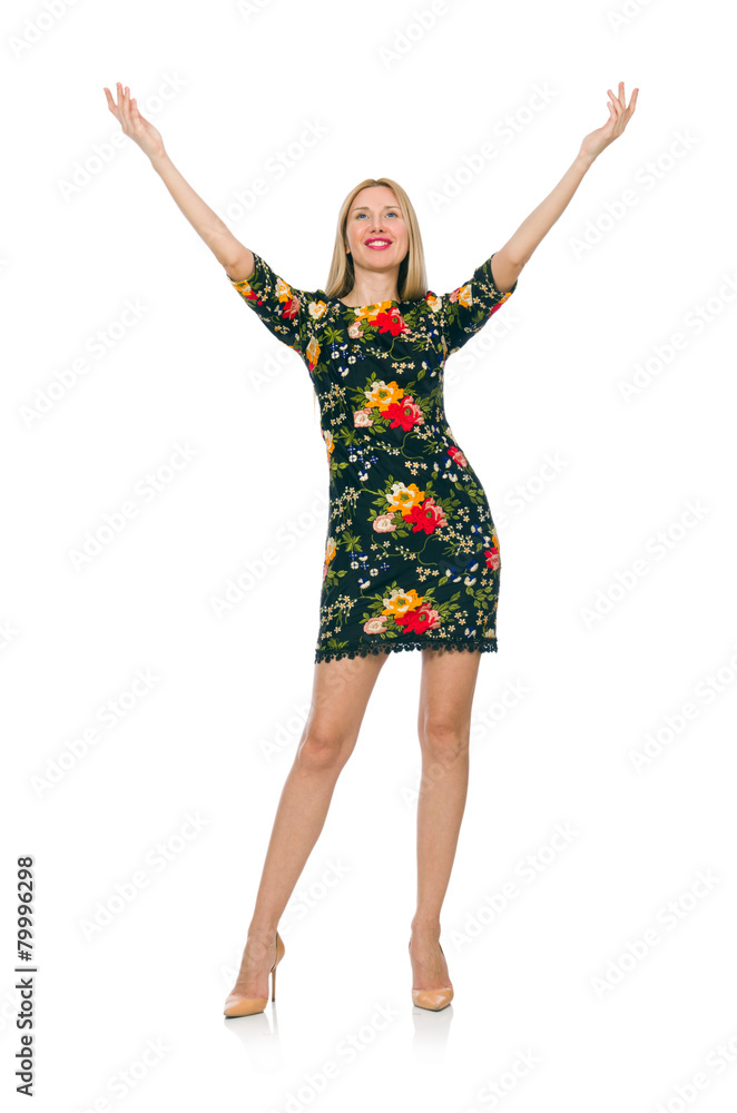 Woman in dark green floral dress isolated on white Woman in dark green floral dress isolated on white