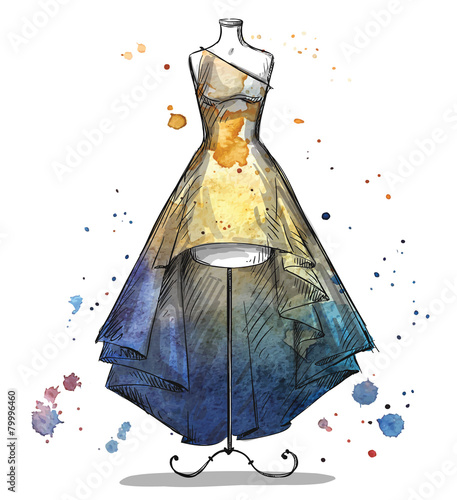 Mannequin in a long dress. Fashion illustration.