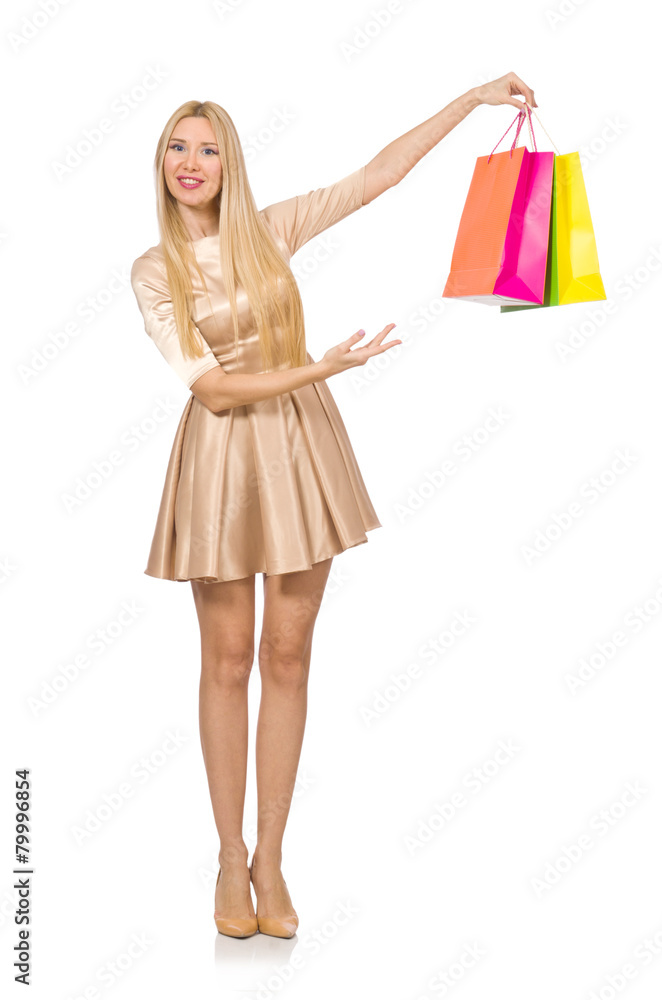 Woman many shopping bags after shopping isolated on white