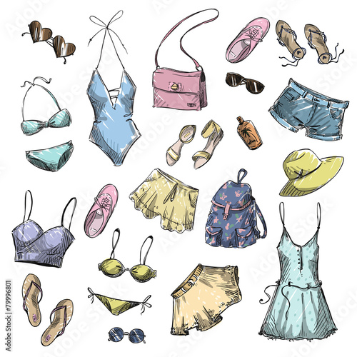 collection of summer clothing and accessories