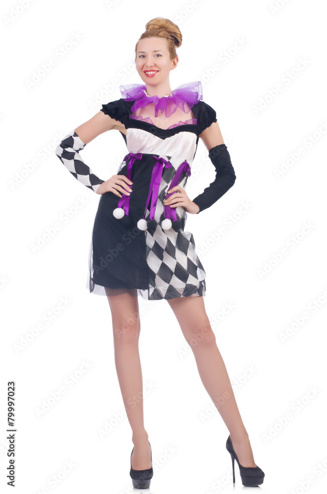 A girl in harlequin costume isolated on white
