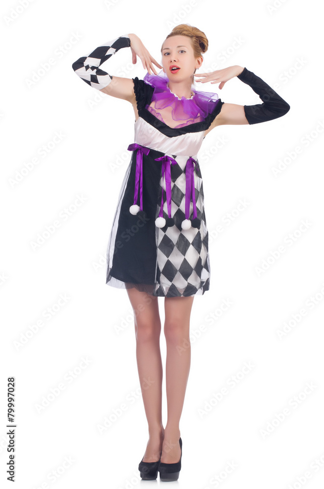 A girl in harlequin costume isolated on white A girl in harlequin costume isolated on white