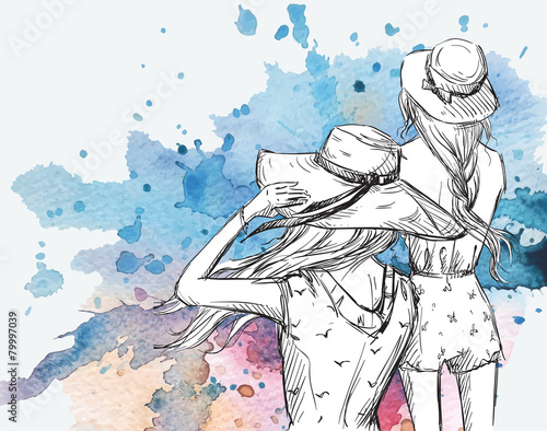 fashion illustration. Girls in hats on a watercolor background.