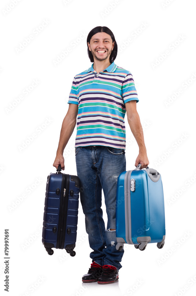 Young man travelling with suitcases isolated on white Young man travelling with suitcases isolated on white